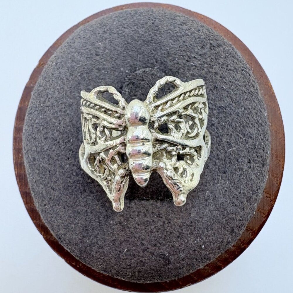 Butterfly Design Split Shoulders Ring VTG Solid Sterling Silver 925 Size 3.75